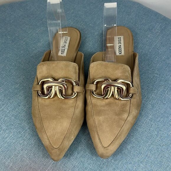 Steve Madden Friends Tan Suede Chain Pointed-Toe Loafer Slides Size 10 M - Picture 3 of 8
